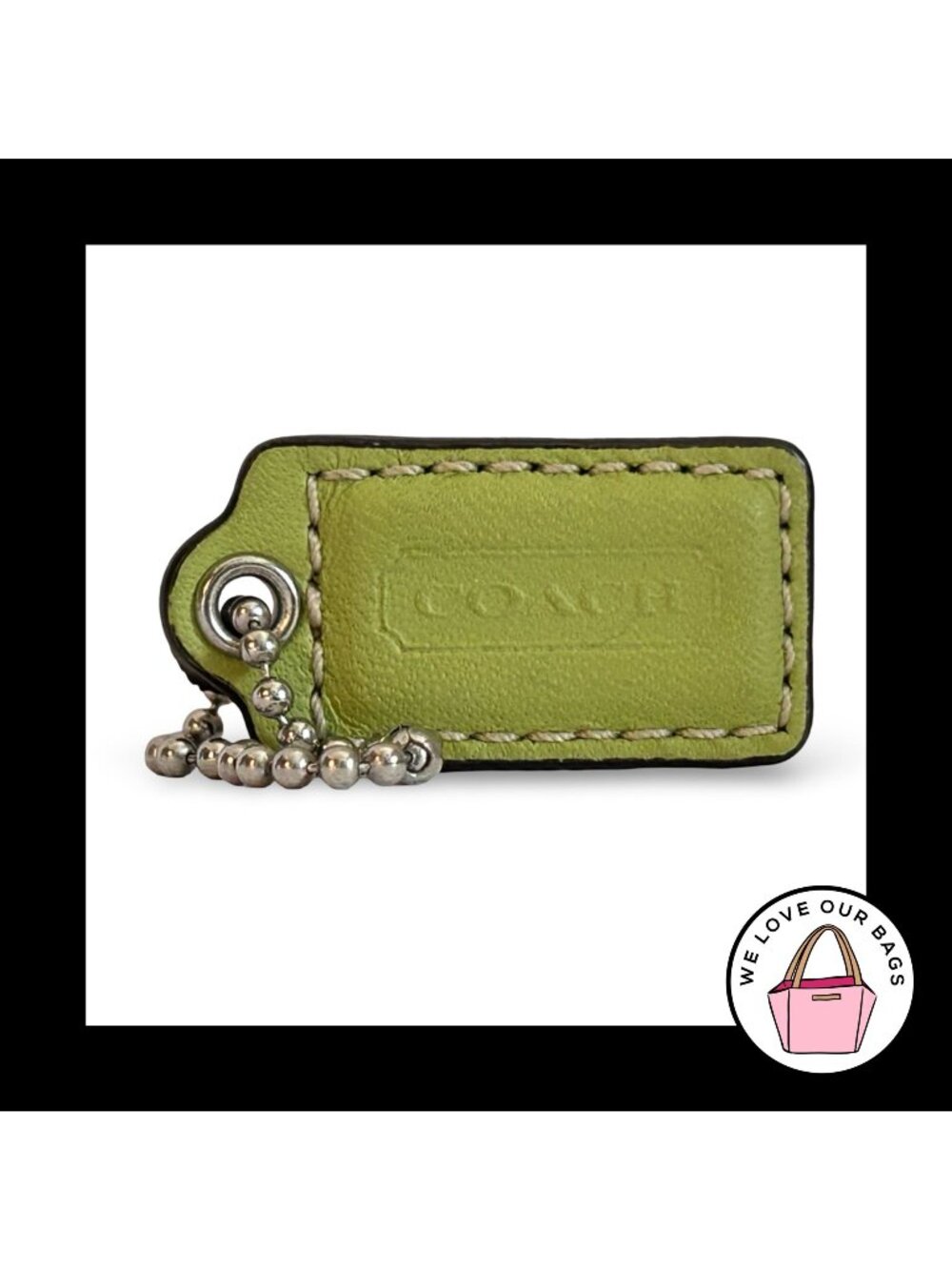 COACH HANG TAG 1.5" Green White Leather Bag Charm Keychain Fob Nickel Small